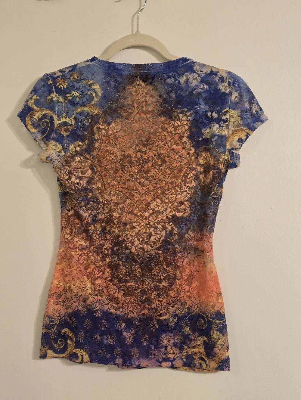 Joseph Ribkoff Blue & Orange V-Neck Printed Short Sleeve Tee Sz XS (2) - Picture 3 of 13
